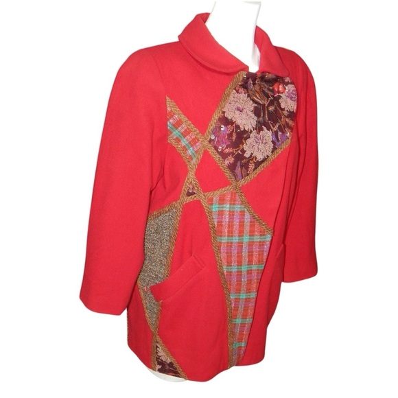 KOOS Van Den Akker Vintage 80s Jacket Wool Art To Wear Patchwork Red Size 8 - Picture 5 of 13